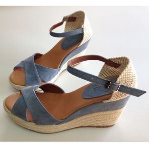 Pinaz Blue Suede & Cream Jute Woven Espadrille Wedge Sandals 41